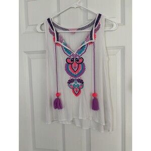 Lilly Pulitzer White Embroidered Tank Top Boho Tassels Resort Hot Pink XS